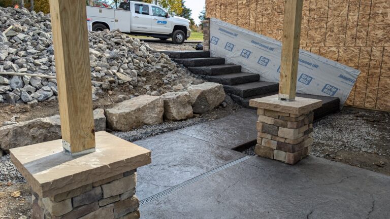 Stamped concrete patio with decorative pattern