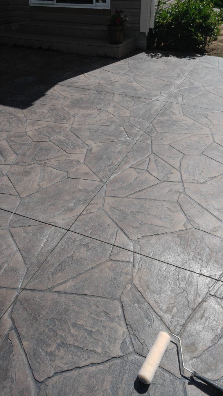 Close-up of flagstone pattern stamped concrete patio with natural stone texture – Rochester NY concrete contractor