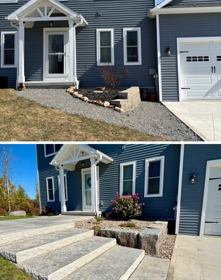 Before and after composite of gravel front approach transformed into natural stone slab steps and concrete walkway, Rochester NY