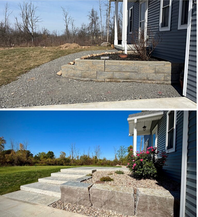 Before and after of front entry block wall and gravel replaced with natural stone slab steps and concrete landing, Rochester NY