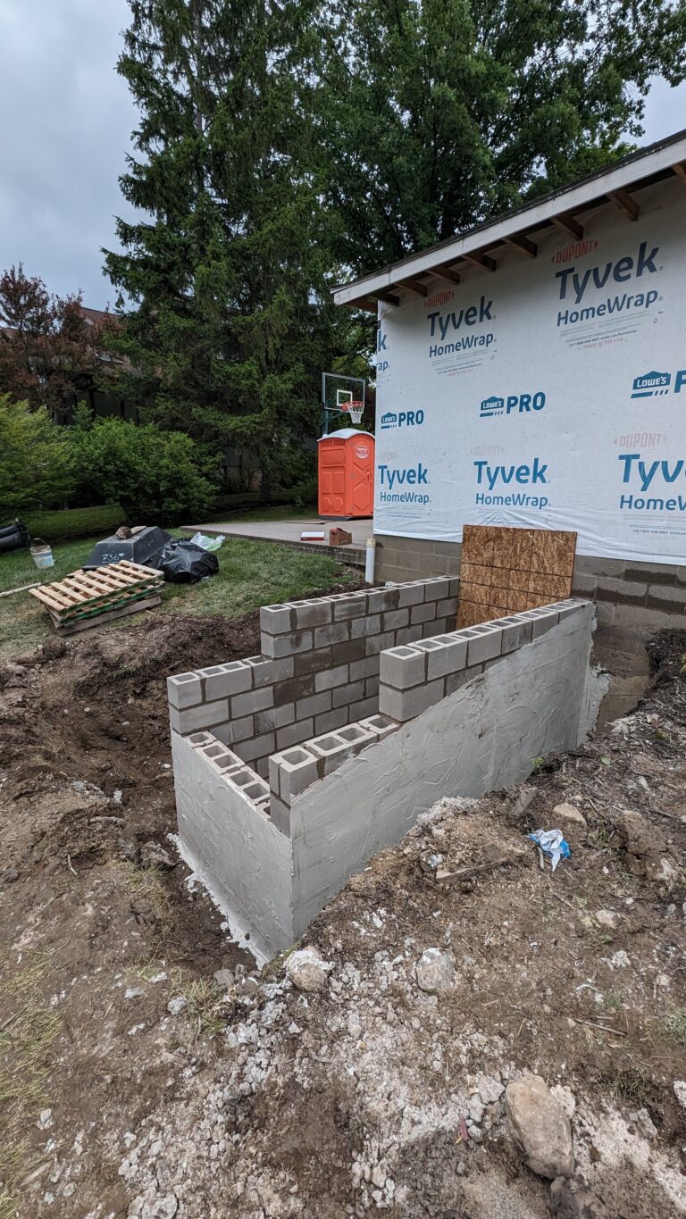 New CMU block foundation walls under construction for residential addition with house wrap on existing structure – Rochester NY