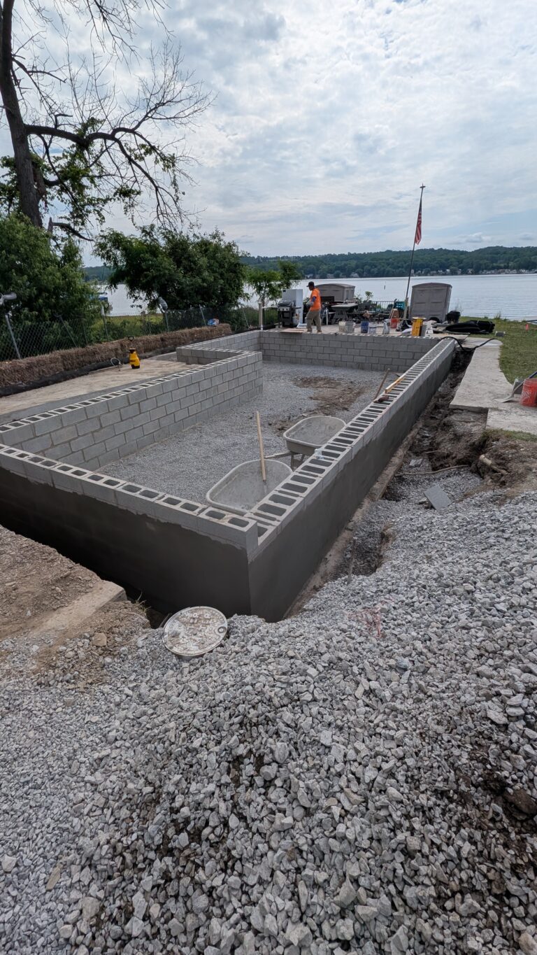 CMU concrete block foundation walls with gravel fill for waterfront garage or outbuilding – Rochester NY area